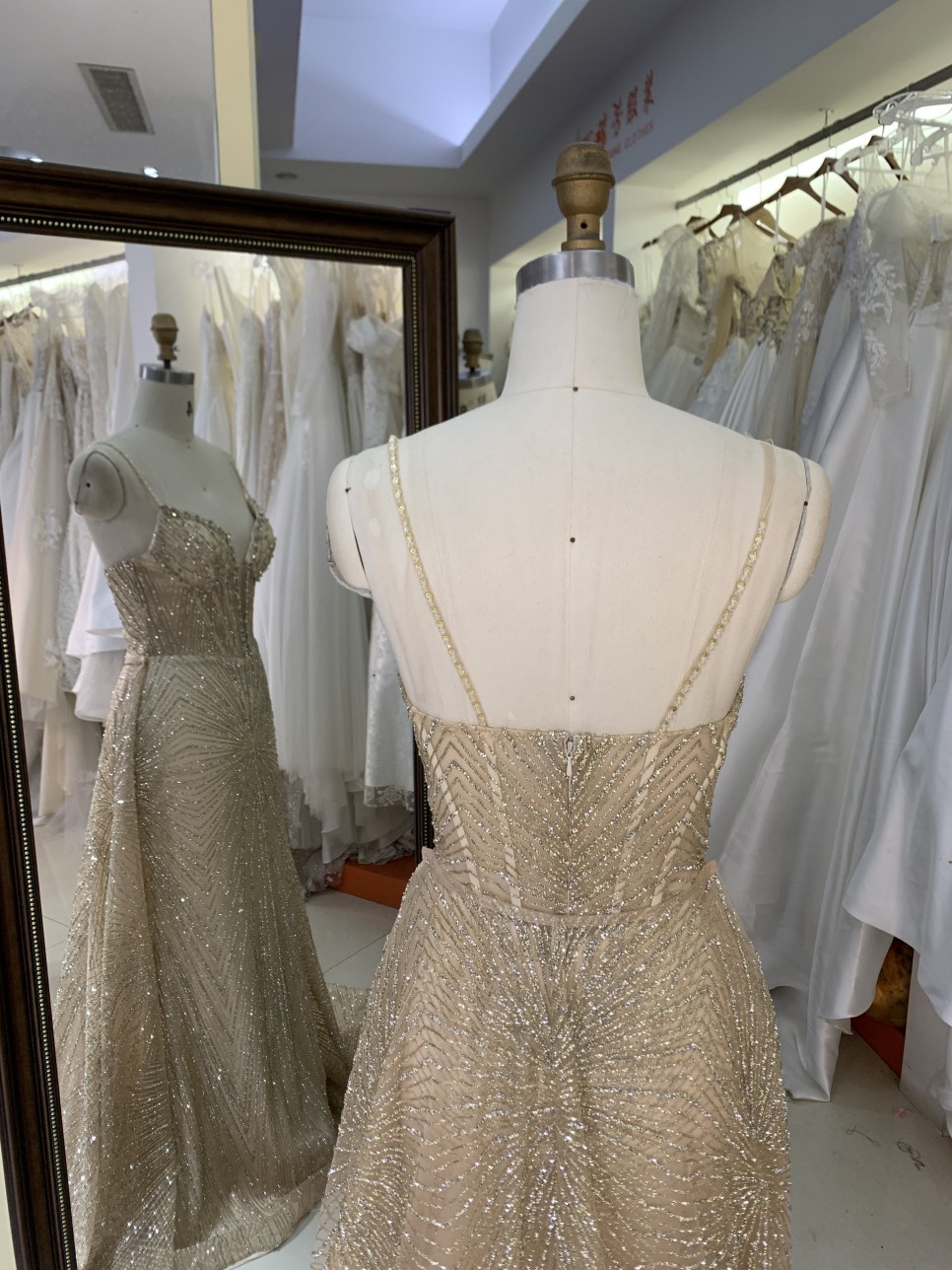 Gold Glitter Sleeveless Mermaid Corset Zipper up Back Prom Evening Women Dresses with Overskirt