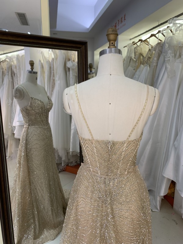 Gold Glitter Sleeveless Mermaid Corset Zipper up Back Prom Evening Women Dresses with Overskirt