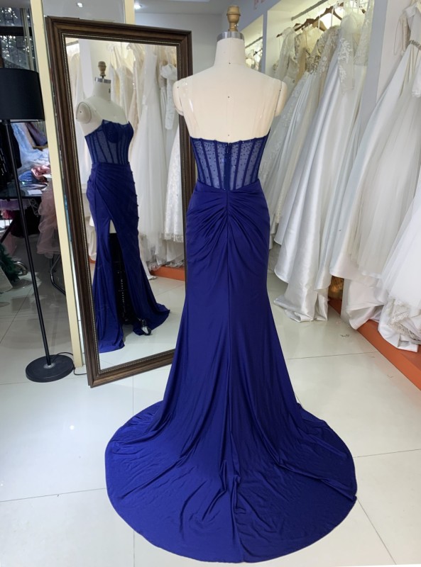 Royal Blue Emerald Jersey Sleeveless Mermaid Corset See Through Zipper up Back Prom Evening Women Dresses