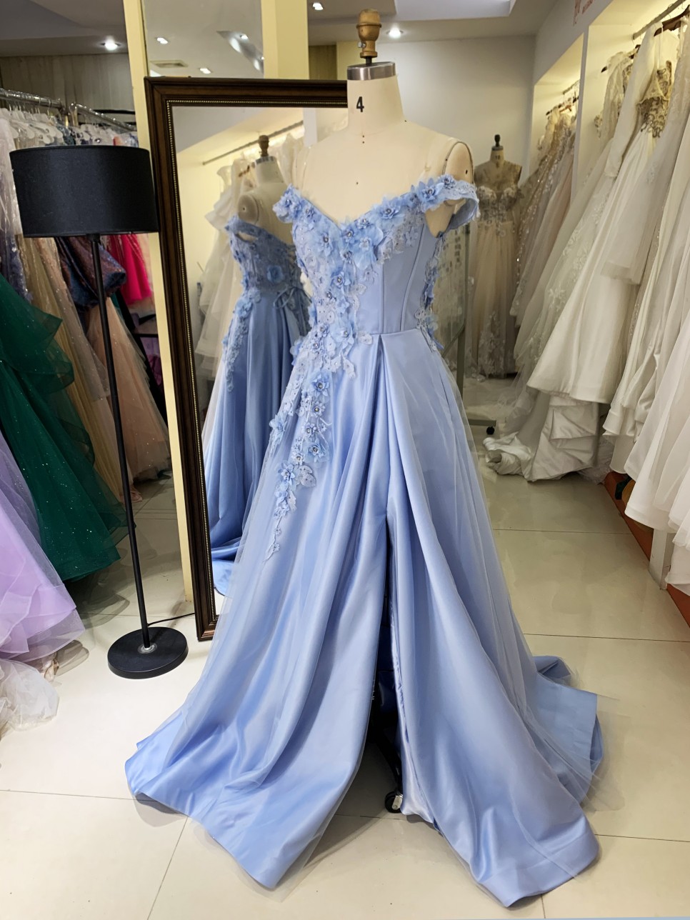 Baby Blue V-neck Ball Gown with 3D Flowers Applique Long Formal Evening Party Prom Dress Floor-Length Princess Design