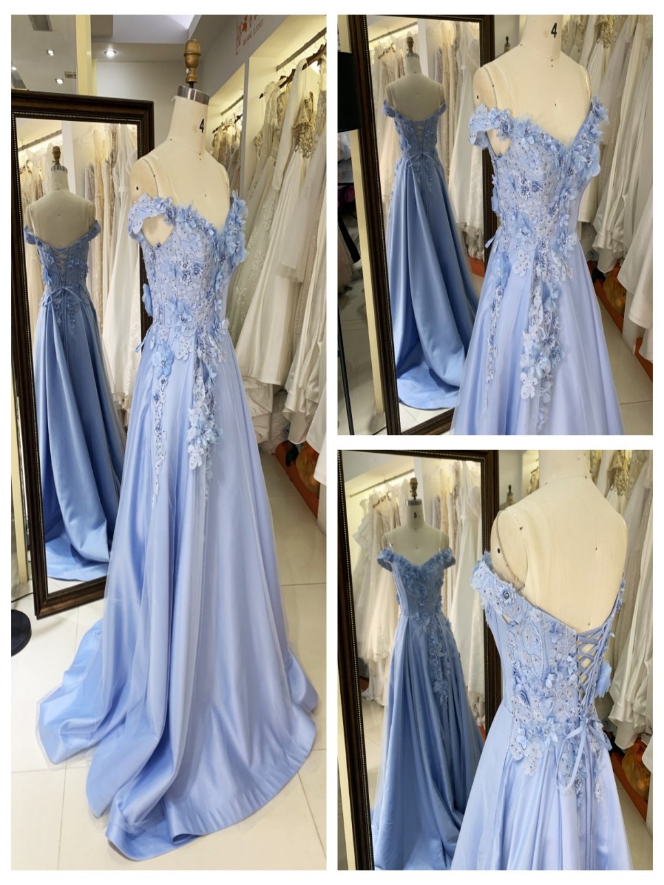 Baby Blue V-neck Ball Gown with 3D Flowers Applique Long Formal Evening Party Prom Dress Floor-Length Princess Design