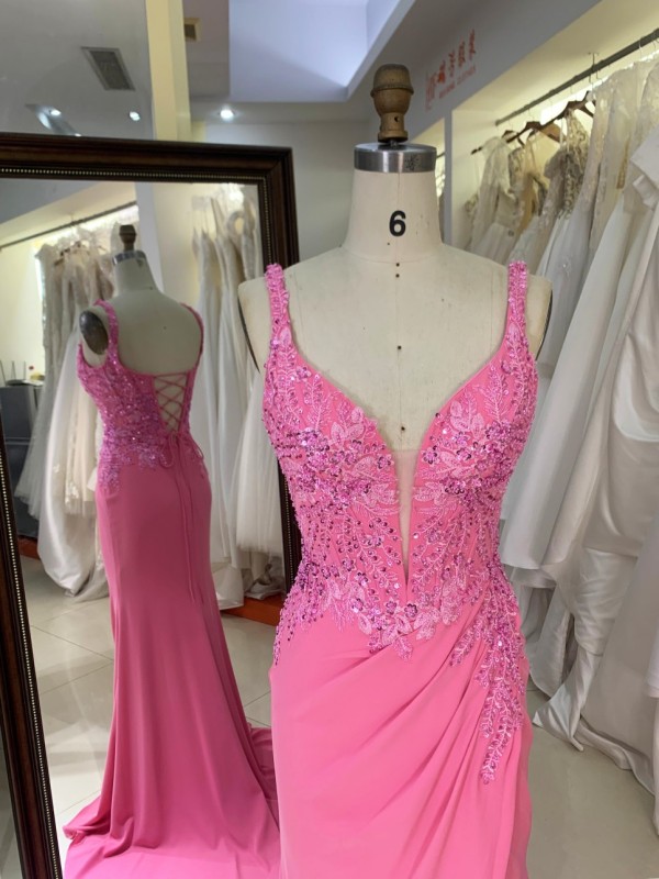 Pink Embroidery Satin Sleeveless Mermaid Corset Lace up Back Fitted Prom Evening Women Dresses