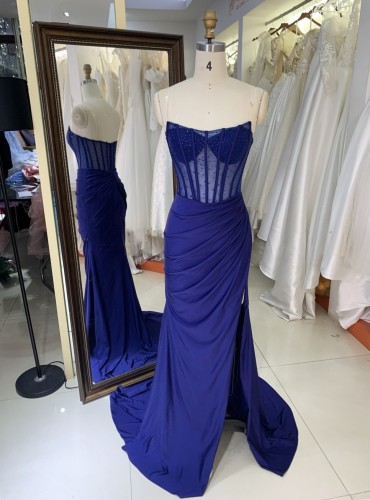 Royal Blue Emerald Jersey Sleeveless Mermaid Corset See Through Zipper up Back Prom Evening Women Dresses