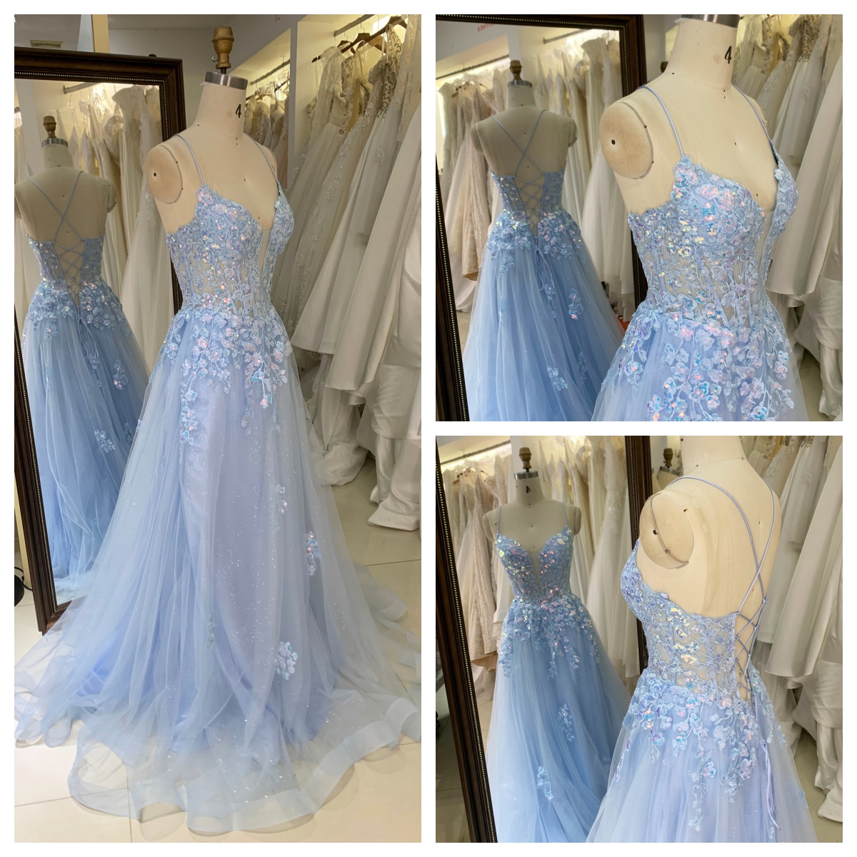 Wholesale Ruffle Fashion Elegant Blue A-Line Prom Dress with Lace Flower Embroidery Party-Style Prom Evening Gown Dress