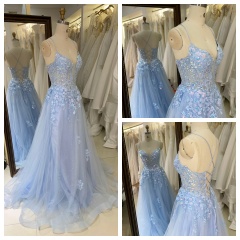 Wholesale Ruffle Fashion Elegant Blue A-Line Prom Dress with Lace Flower Embroidery Party-Style Prom Evening Gown Dress