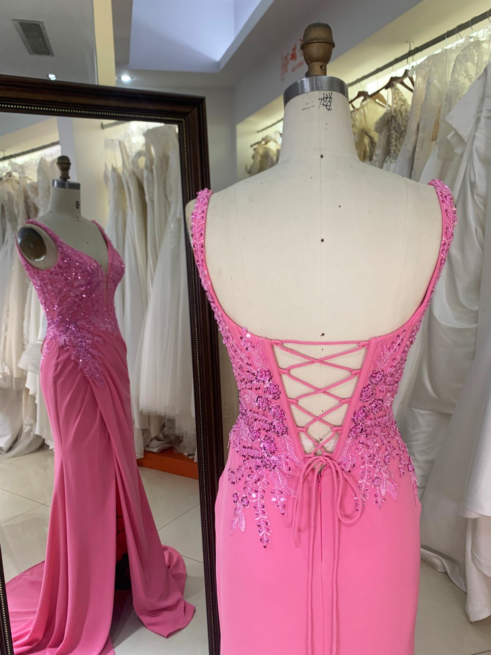 Pink Embroidery Satin Sleeveless Mermaid Corset Lace up Back Fitted Prom Evening Women Dresses