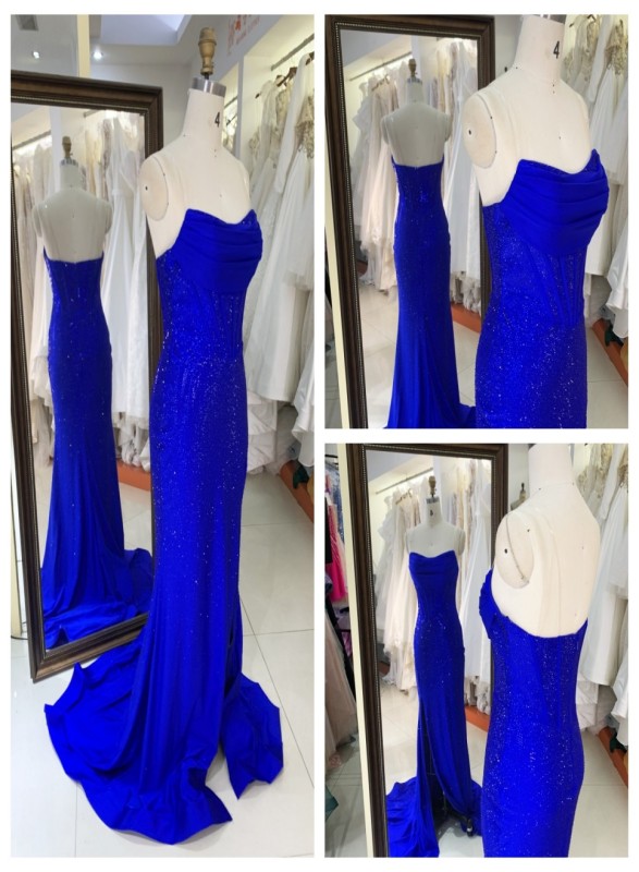 2025 Royal Blue Strapless Evening Gown Long Prom Dress Front Split Floor-Length Mermaid Prom Dress Rhinestone Detail