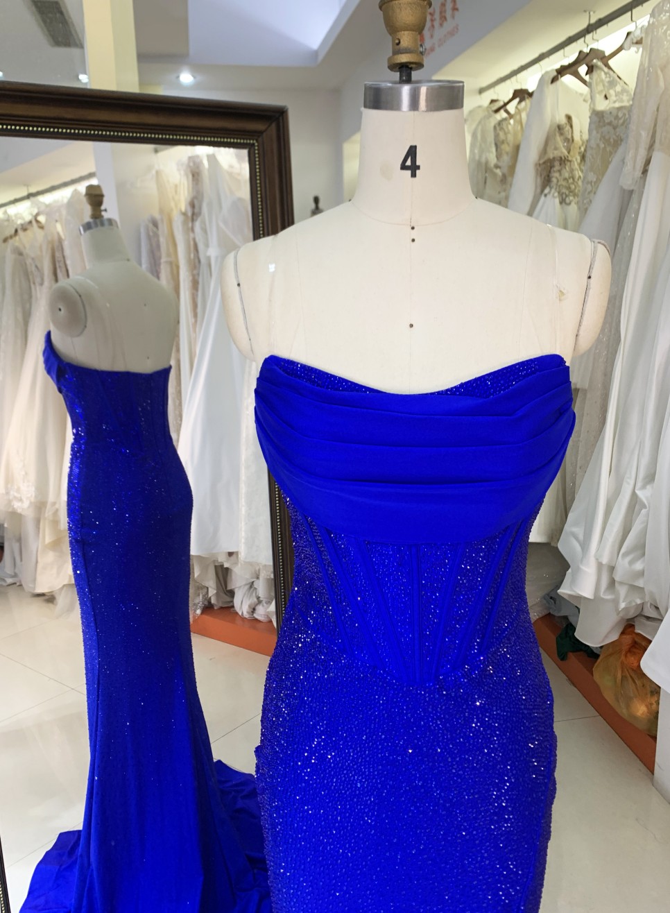 2025 Royal Blue Strapless Evening Gown Long Prom Dress Front Split Floor-Length Mermaid Prom Dress Rhinestone Detail