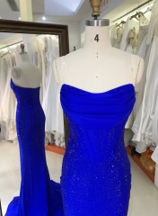 2025 Royal Blue Strapless Evening Gown Long Prom Dress Front Split Floor-Length Mermaid Prom Dress Rhinestone Detail