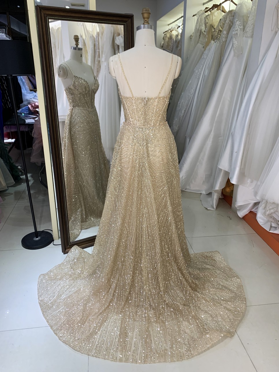 Gold Glitter Sleeveless Mermaid Corset Zipper up Back Prom Evening Women Dresses with Overskirt