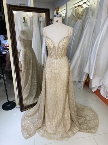 Gold Glitter Sleeveless Mermaid Corset Zipper up Back Prom Evening Women Dresses with Overskirt