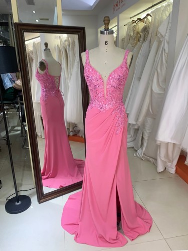 Pink Embroidery Satin Sleeveless Mermaid Corset Lace up Back Fitted Prom Evening Women Dresses
