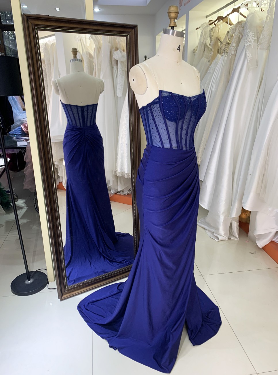 Royal Blue Emerald Jersey Sleeveless Mermaid Corset See Through Zipper up Back Prom Evening Women Dresses