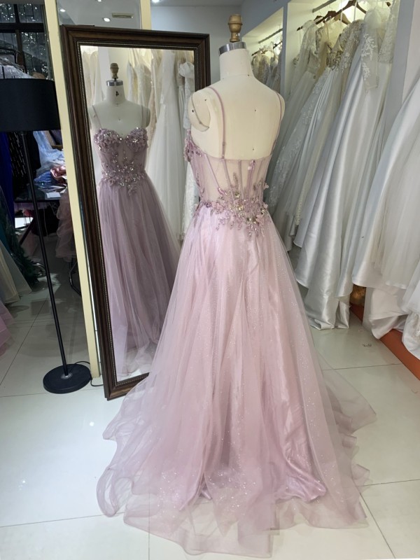 Chic Dark Rose Elegant Princess Sleeveless A-Line Tulle Prom Plunging V-Neck Open Back Romantic Floor-Length Evening Wear