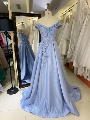 2025 Baby Blue V-neck Ball Gown with 3D Flowers Applique Long Formal Evening Party Prom Dress Floor-Length Princess Design