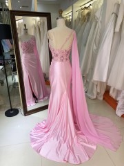 Corset Embroidery Beading Satin pink Mermaid Zipper up Back Evening Dresses