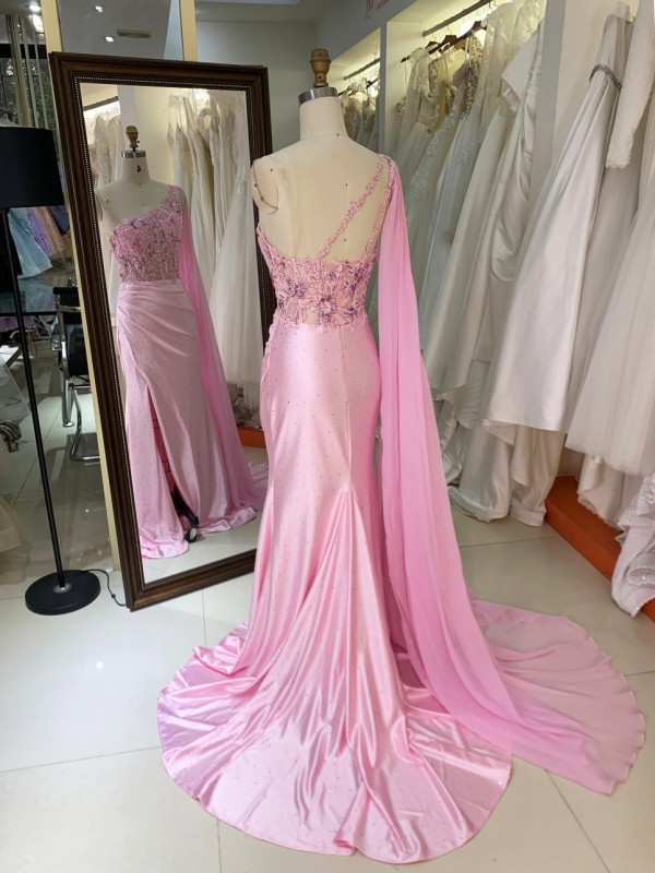 Corset Embroidery Beading Satin pink Mermaid Zipper up Back Evening Dresses