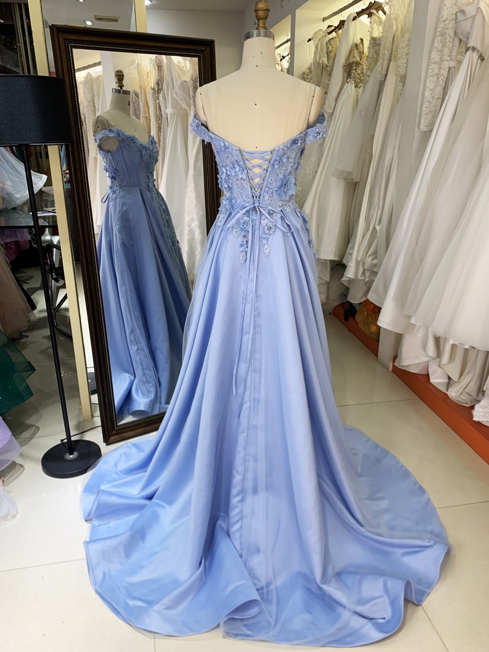 Baby Blue V-neck Ball Gown with 3D Flowers Applique Long Formal Evening Party Prom Dress Floor-Length Princess Design