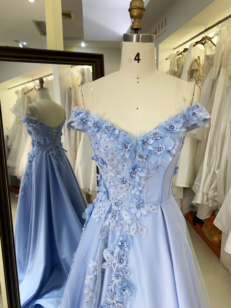 Baby Blue V-neck Ball Gown with 3D Flowers Applique Long Formal Evening Party Prom Dress Floor-Length Princess Design