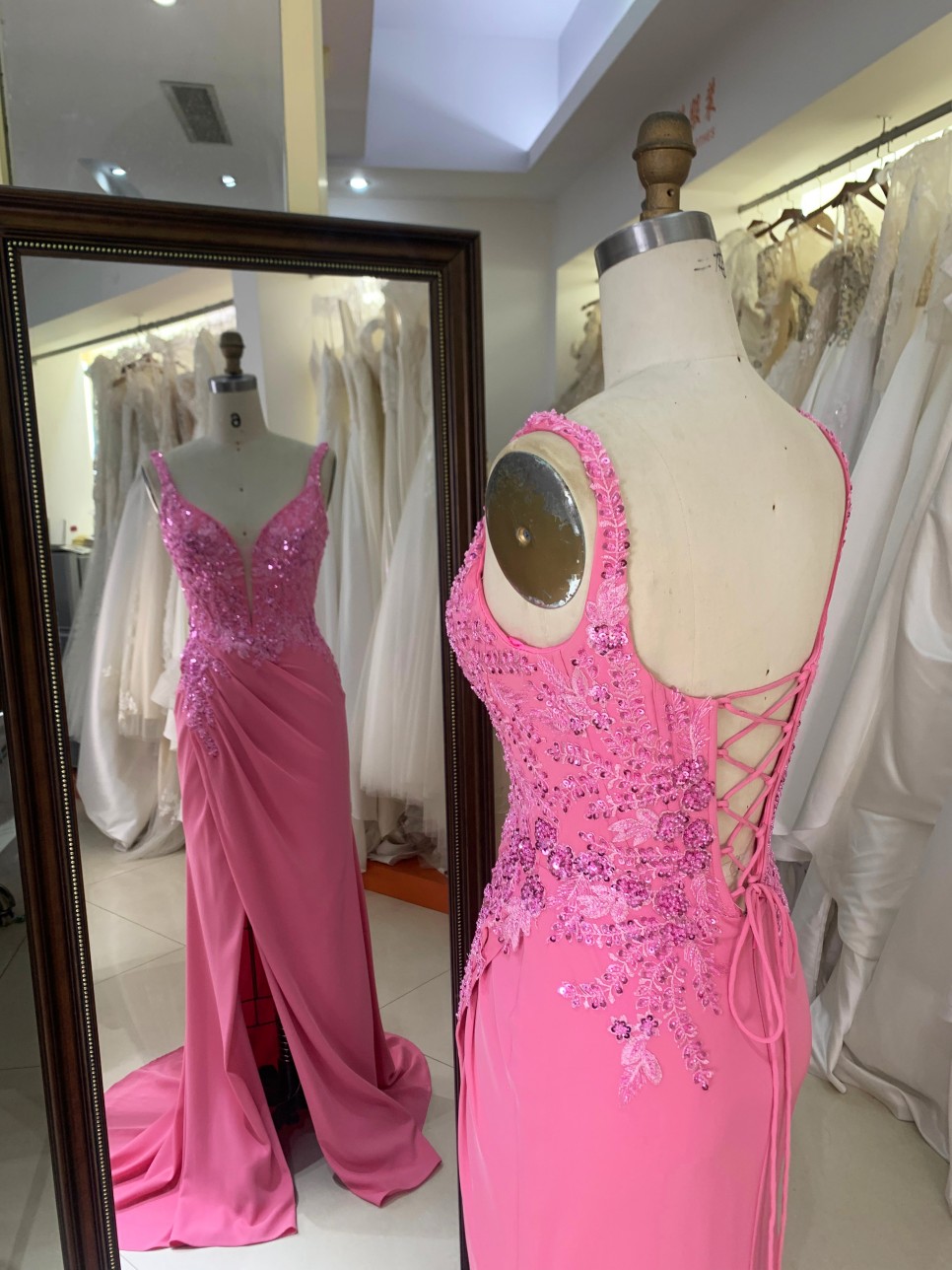 Pink Embroidery Satin Sleeveless Mermaid Corset Lace up Back Fitted Prom Evening Women Dresses