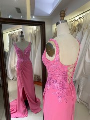 Pink Embroidery Satin Sleeveless Mermaid Corset Lace up Back Fitted Prom Evening Women Dresses