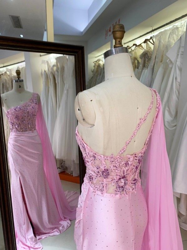 Corset Embroidery Beading Satin pink Mermaid Zipper up Back Evening Dresses