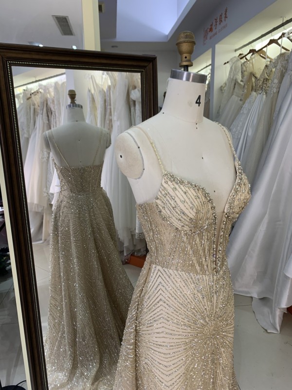 Gold Glitter Sleeveless Mermaid Corset Zipper up Back Prom Evening Women Dresses with Overskirt