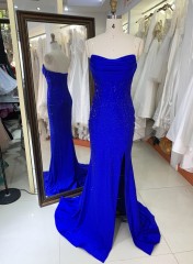 2025 Royal Blue Strapless Evening Gown Long Prom Dress Front Split Floor-Length Mermaid Prom Dress Rhinestone Detail