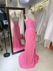 Pink Embroidery Satin Sleeveless Mermaid Corset Lace up Back Fitted Prom Evening Women Dresses