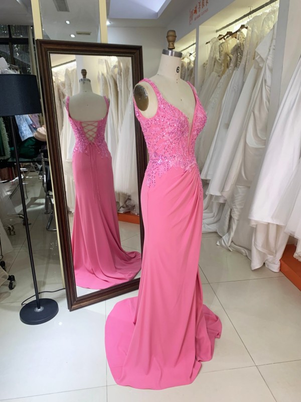 Pink Embroidery Satin Sleeveless Mermaid Corset Lace up Back Fitted Prom Evening Women Dresses