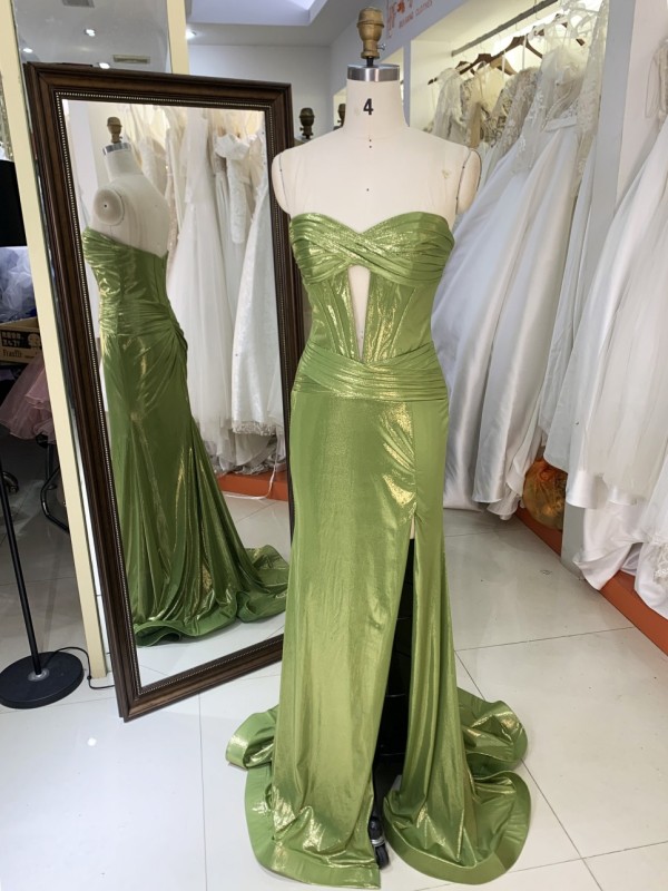 Elegant Greenery Cross Collar Strapless Pleat Design Corset Glitter Satin Fabric Prom Dresses for Women Mermaid Ball Gown