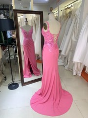 Pink Embroidery Satin Sleeveless Mermaid Corset Lace up Back Fitted Prom Evening Women Dresses