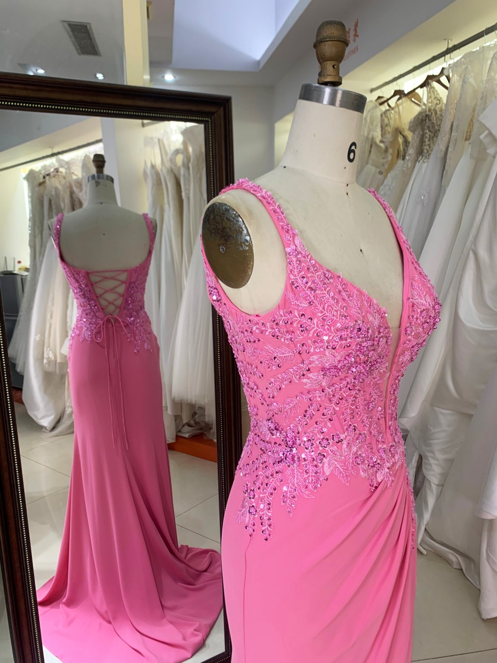 Pink Embroidery Satin Sleeveless Mermaid Corset Lace up Back Fitted Prom Evening Women Dresses