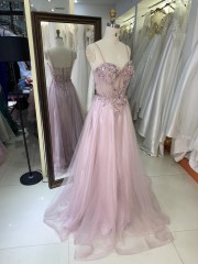 Chic Dark Rose Elegant Princess Sleeveless A-Line Tulle Prom Plunging V-Neck Open Back Romantic Floor-Length Evening Wear
