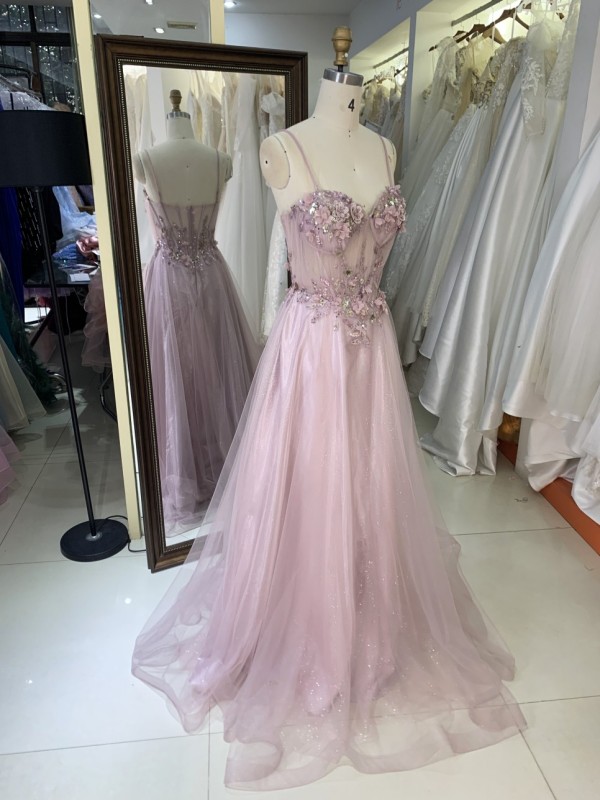 Chic Dark Rose Elegant Princess Sleeveless A-Line Tulle Prom Plunging V-Neck Open Back Romantic Floor-Length Evening Wear