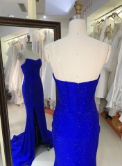 2025 Royal Blue Strapless Evening Gown Long Prom Dress Front Split Floor-Length Mermaid Prom Dress Rhinestone Detail