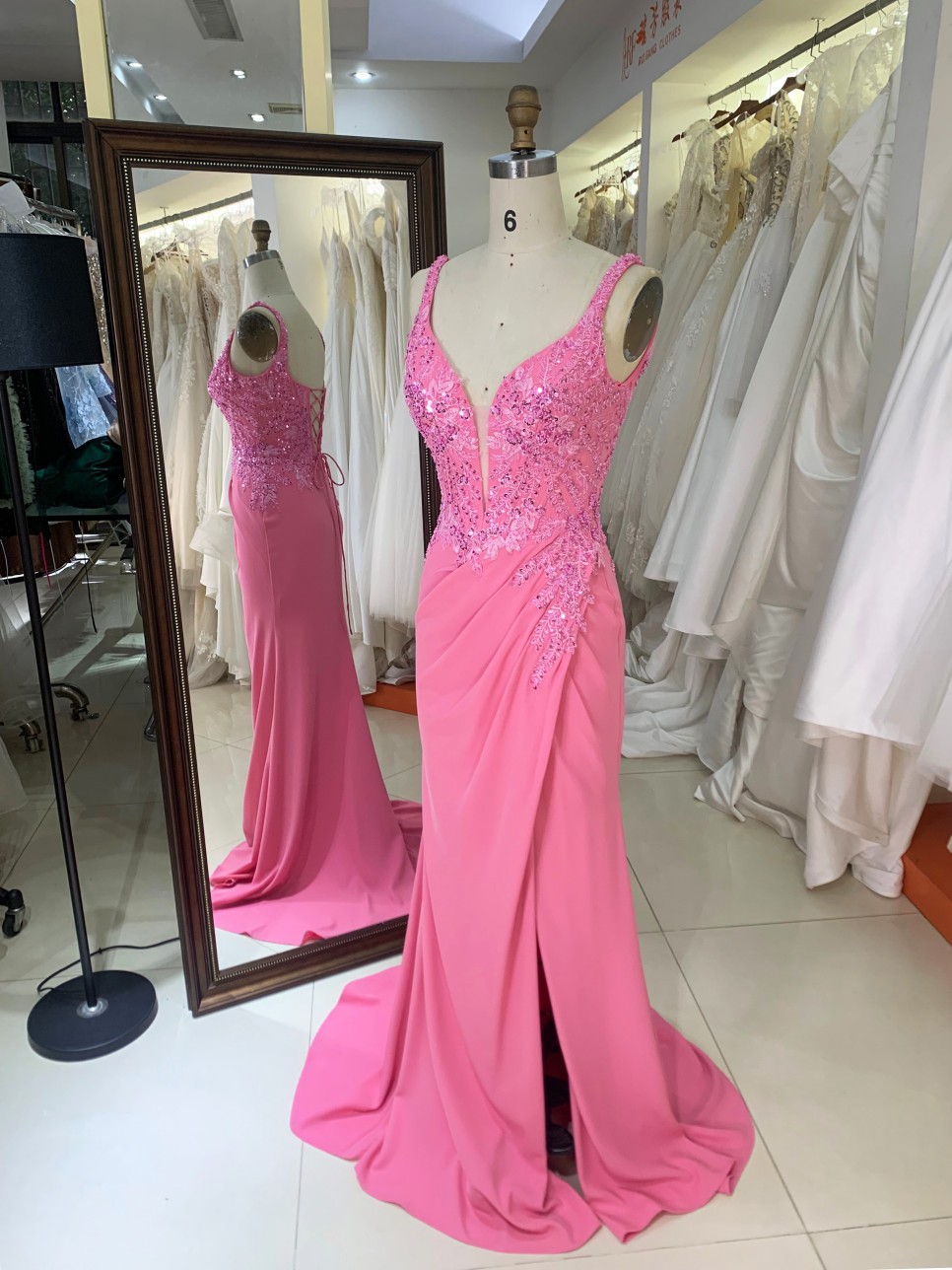 Pink Embroidery Satin Sleeveless Mermaid Corset Lace up Back Fitted Prom Evening Women Dresses