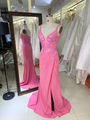Pink Embroidery Satin Sleeveless Mermaid Corset Lace up Back Fitted Prom Evening Women Dresses