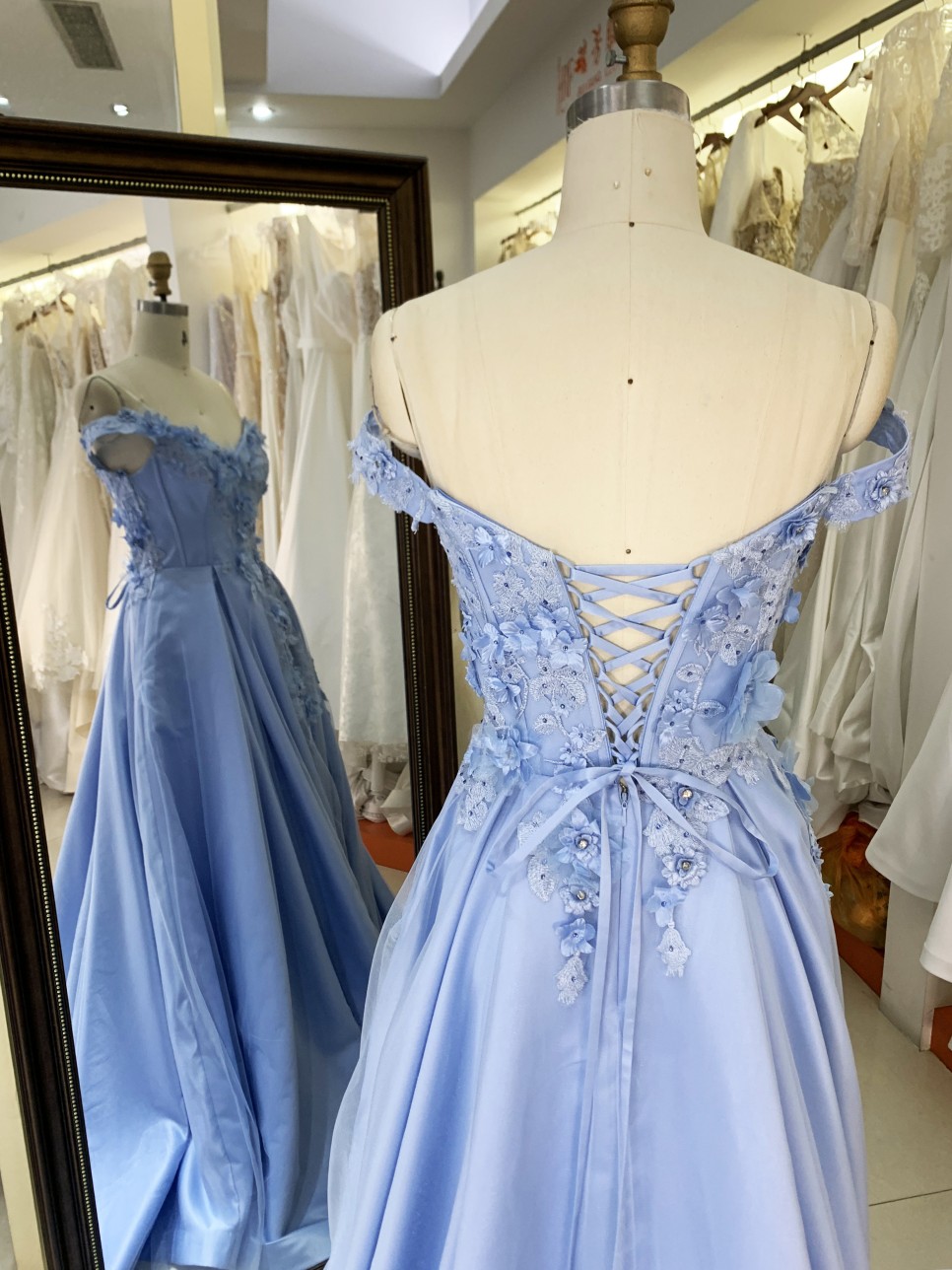 Baby Blue V-neck Ball Gown with 3D Flowers Applique Long Formal Evening Party Prom Dress Floor-Length Princess Design