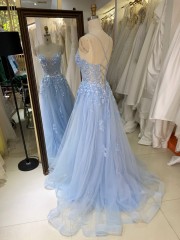 Wholesale Ruffle Fashion Elegant Blue A-Line Prom Dress with Lace Flower Embroidery Party-Style Prom Evening Gown Dress