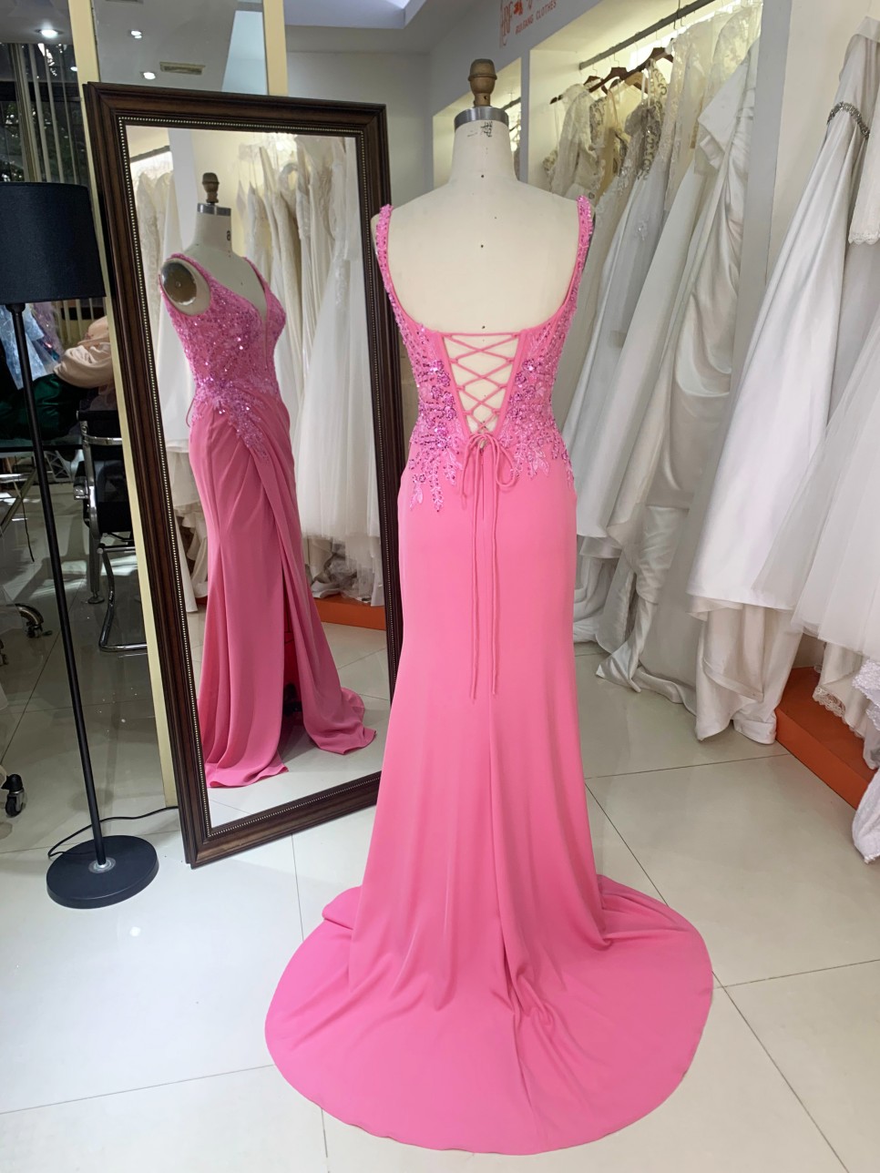 Pink Embroidery Satin Sleeveless Mermaid Corset Lace up Back Fitted Prom Evening Women Dresses
