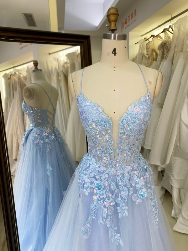 Wholesale Ruffle Fashion Elegant Blue A-Line Prom Dress with Lace Flower Embroidery Party-Style Prom Evening Gown Dress