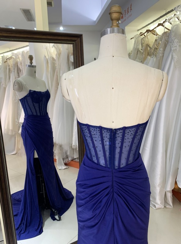 Royal Blue Emerald Jersey Sleeveless Mermaid Corset See Through Zipper up Back Prom Evening Women Dresses