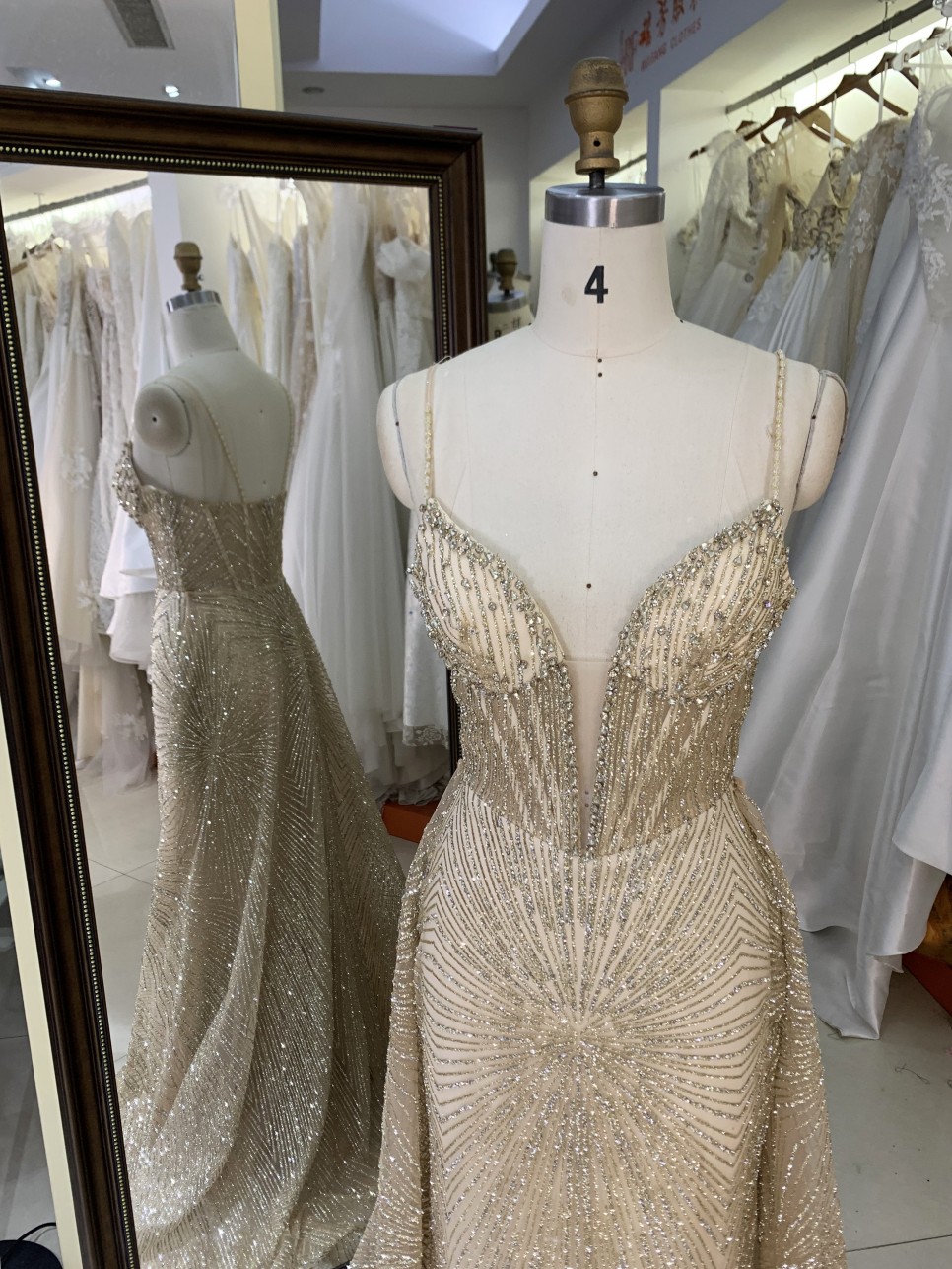 Gold Glitter Sleeveless Mermaid Corset Zipper up Back Prom Evening Women Dresses with Overskirt