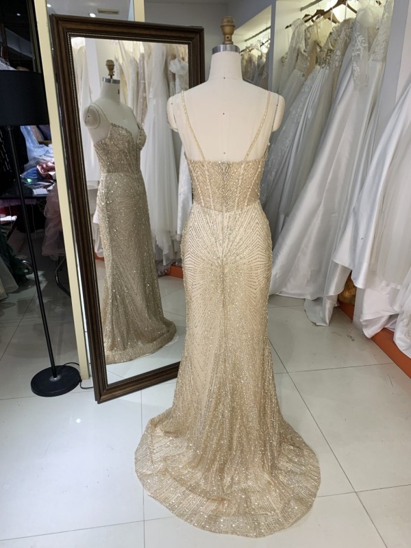 Gold Glitter Sleeveless Mermaid Corset Zipper up Back Prom Evening Women Dresses with Overskirt