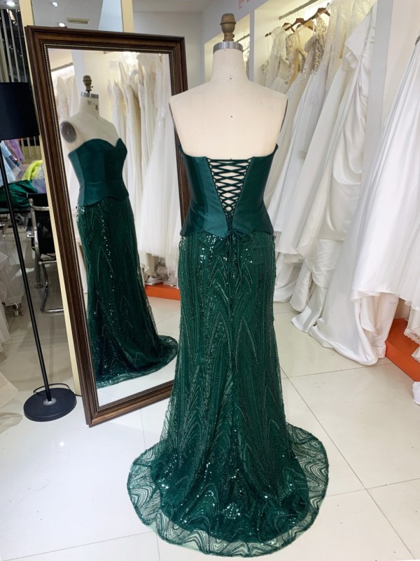 Chic Emerald Green Mermaid Gown 2pc Corset Backless Embellishment Sparkly Crocheted Party Style Dress Natural Perfect Style