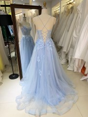 Wholesale Ruffle Fashion Elegant Blue A-Line Prom Dress with Lace Flower Embroidery Party-Style Prom Evening Gown Dress