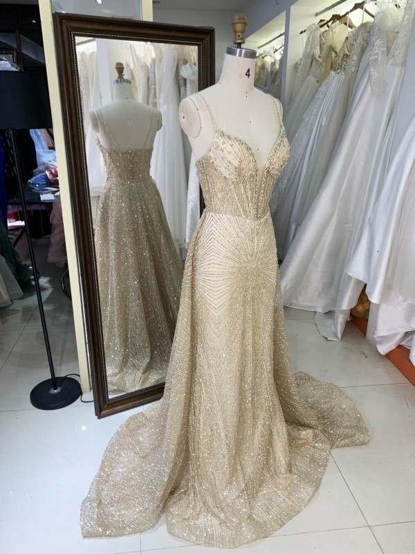 Gold Glitter Sleeveless Mermaid Corset Zipper up Back Prom Evening Women Dresses with Overskirt