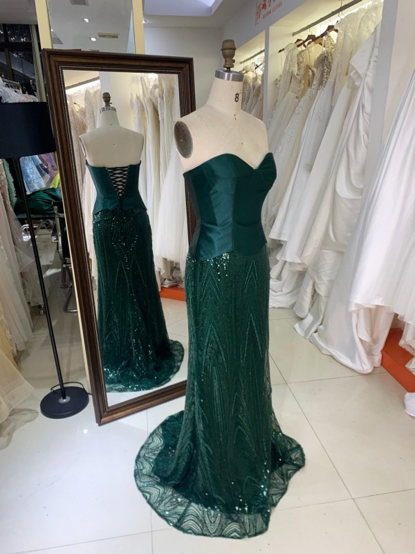 Chic Emerald Green Mermaid Gown 2pc Corset Backless Embellishment Sparkly Crocheted Party Style Dress Natural Perfect Style