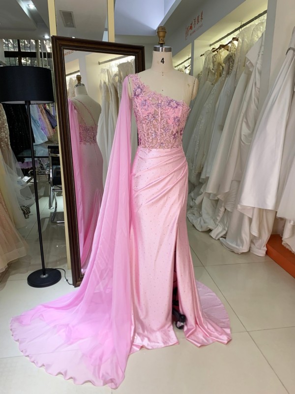Corset Embroidery Beading Satin pink Mermaid Zipper up Back Evening Dresses